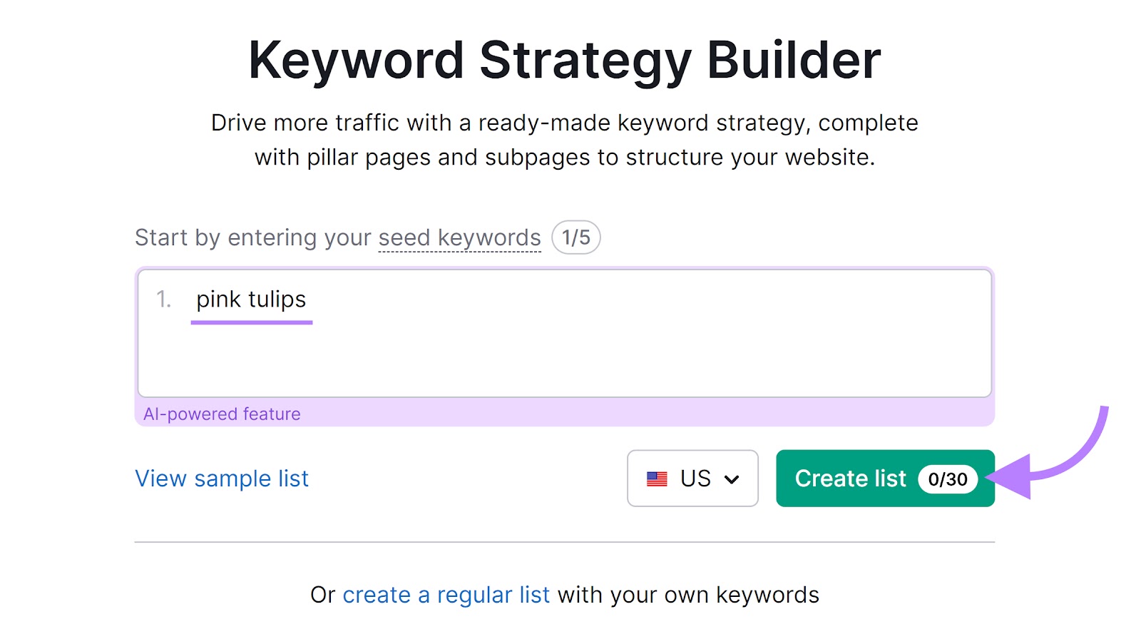 Keyword Strategy Builder tool with "pink tulips" in the text field and an arrow pointing to the "Create list" button.