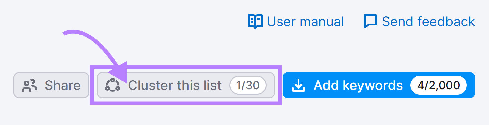 "Cluster this list" button highlighted