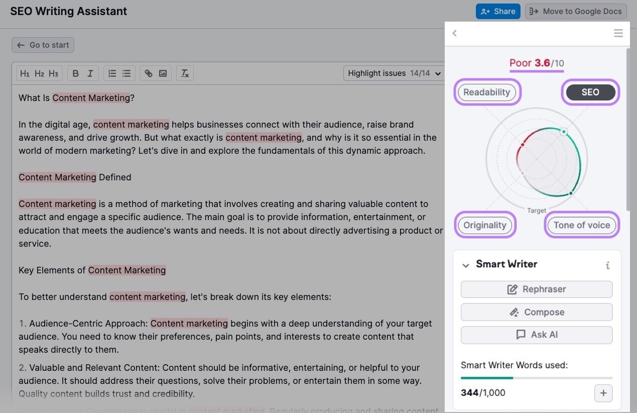 SEO Writing Assistant text scores