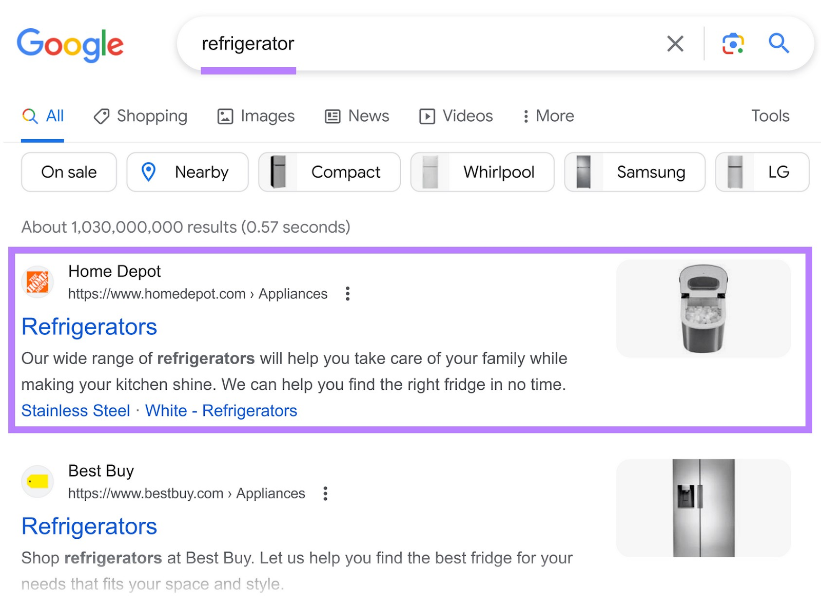 an example of Google search results for "refrigerator" with Home De، being the first