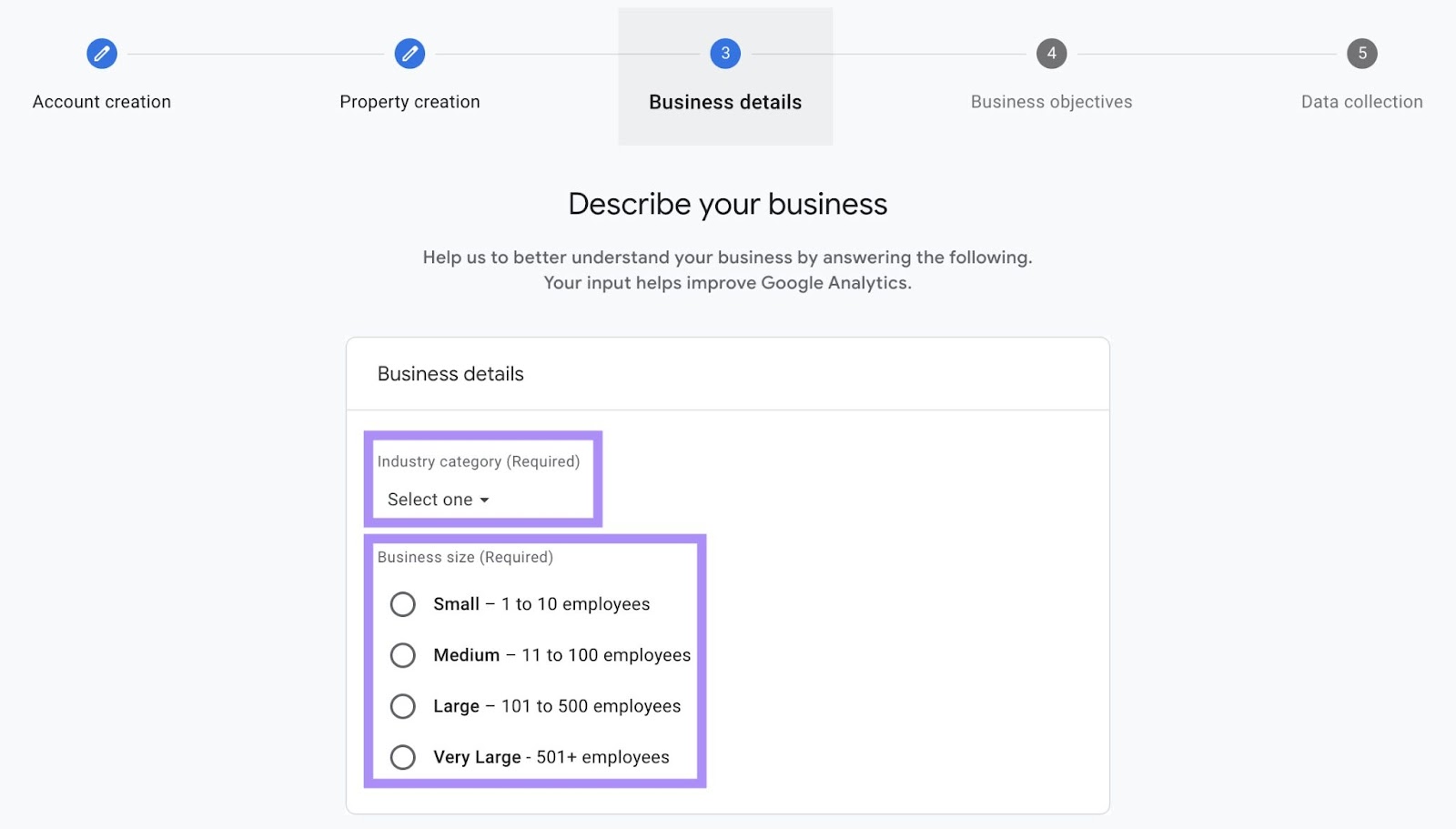 “Industry category” and “Business size” fields under "Describe your business" step