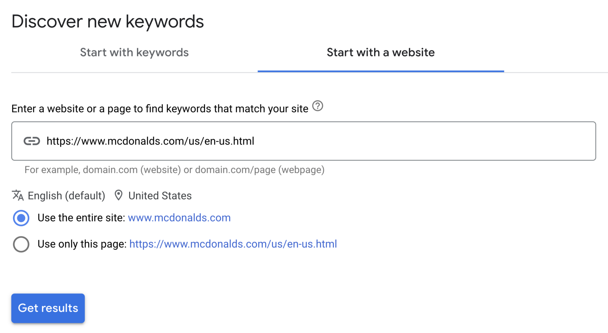 google keyword planner start with a website