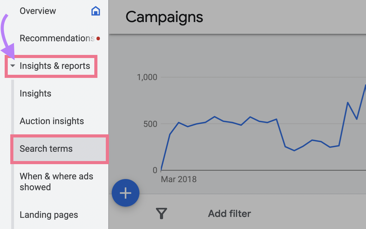 how to navigate to Google Ads search terms report shown in the left-side menu