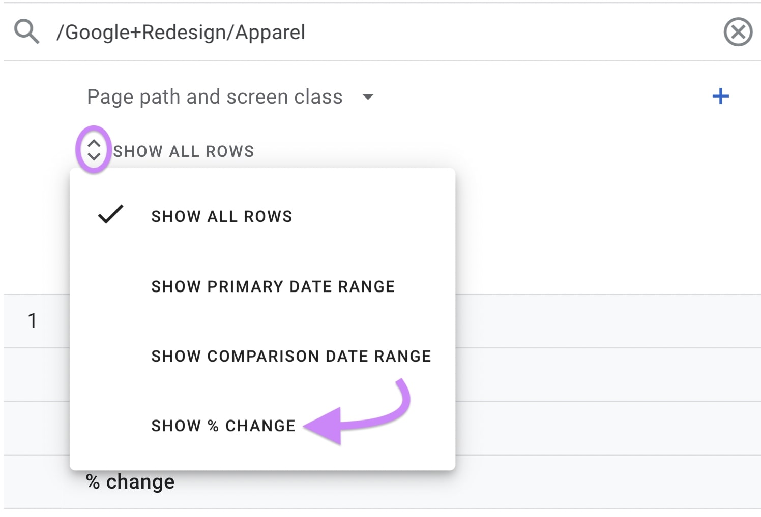 “Show % Change" enactment    selected nether  “Show All Rows” drop-down menu