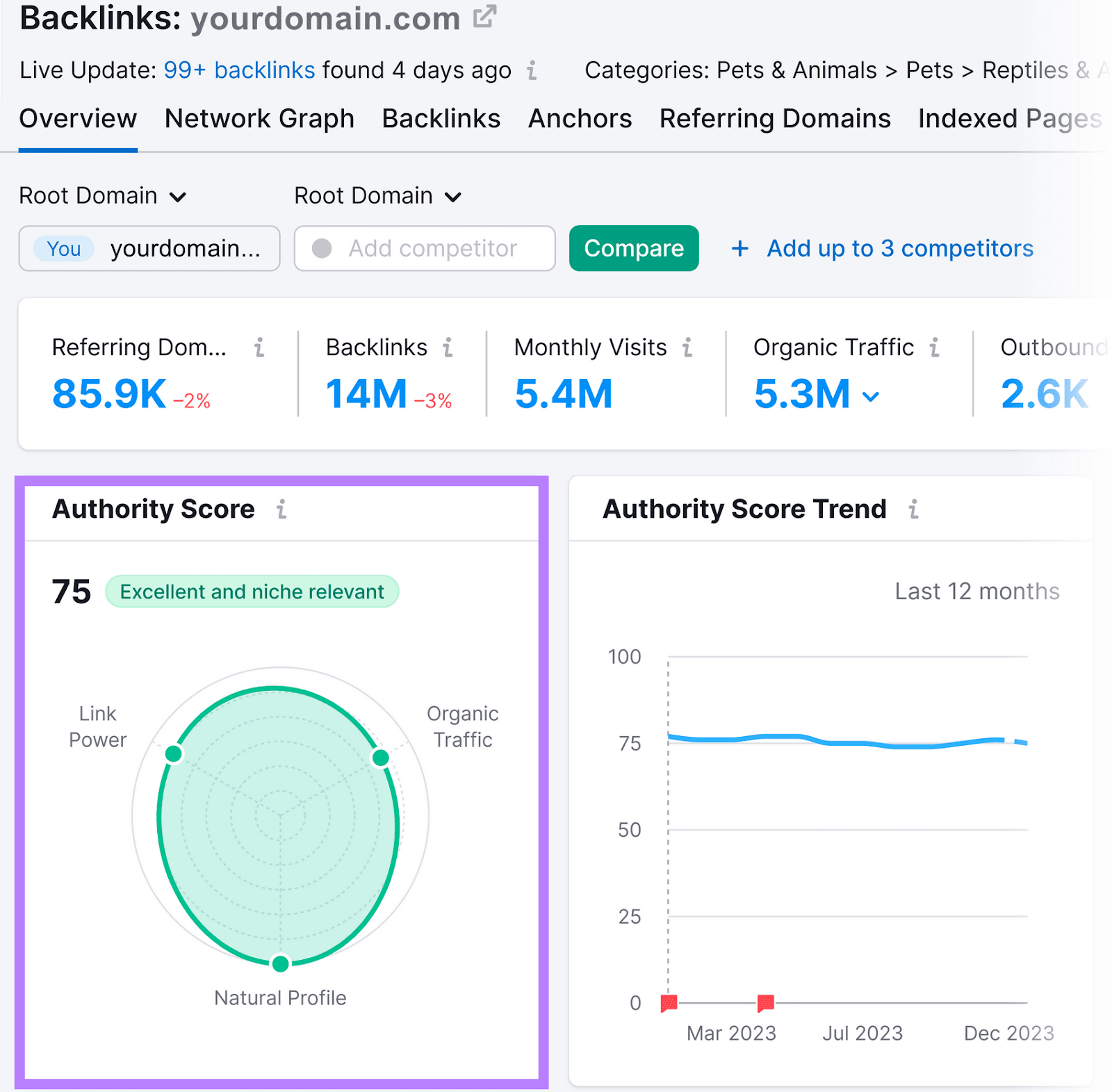 "Authority Score" widget in Backlink Analytics overview dashboard shows how the metric is spread across the three key factors: link power, organic traffic, and natural profile