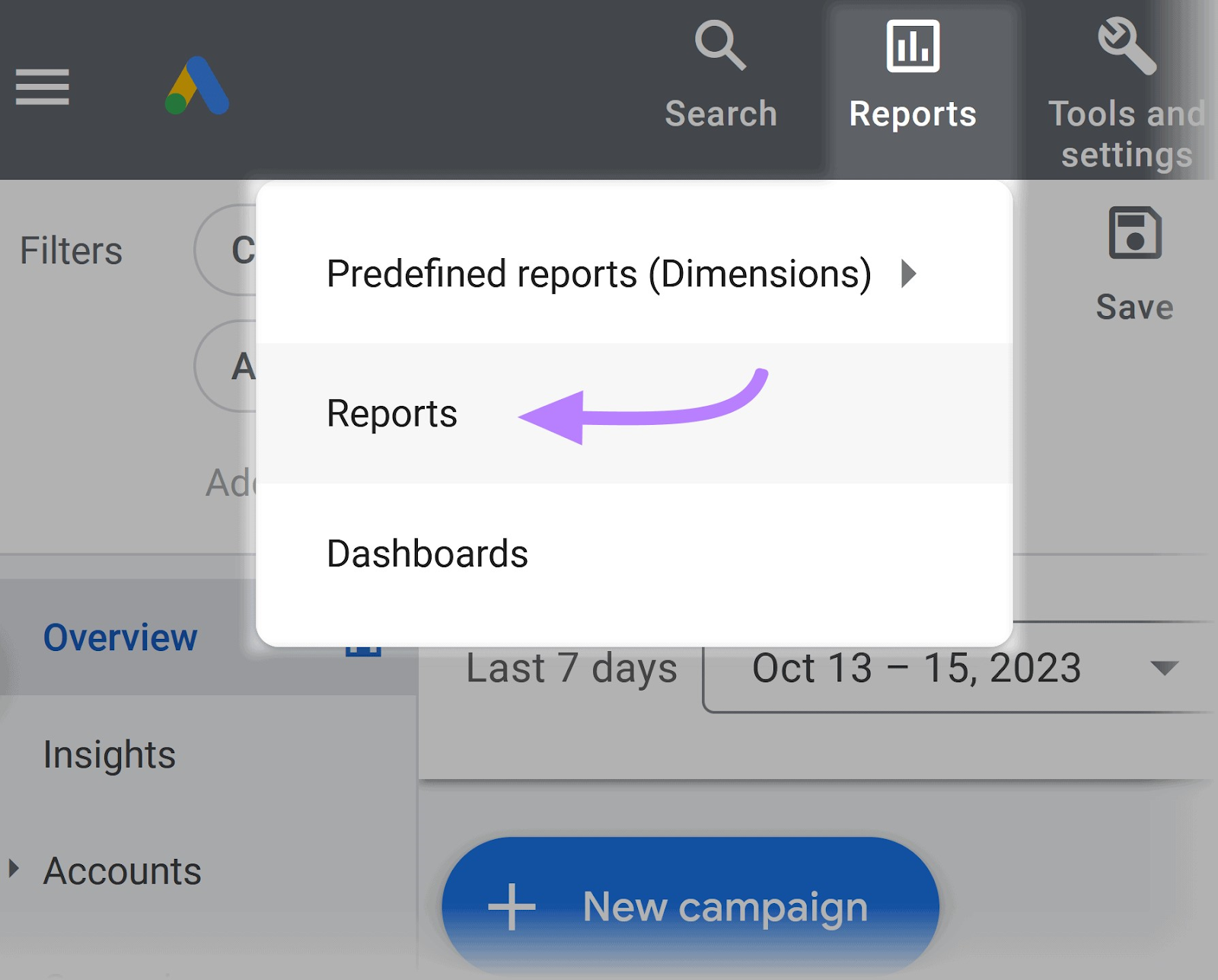 "Reports" selected from the Google Ads Manager top navigation