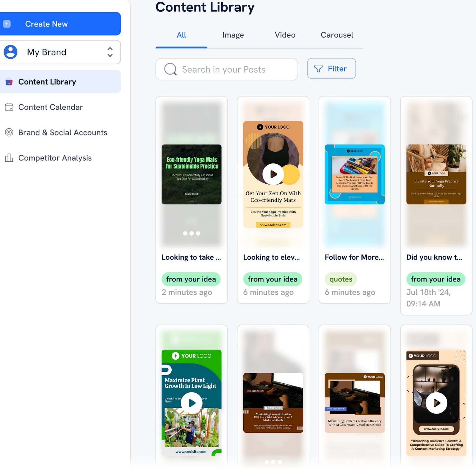 AI Social Content Generator "Content Library" interface featuring a side navigation menu and grid of content previews