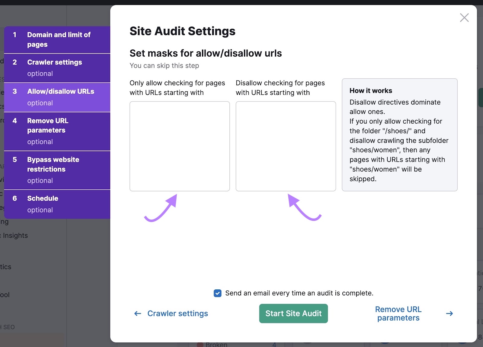 Allow/disallow URLs settings page on Site Audit to set masks for specific URLs.