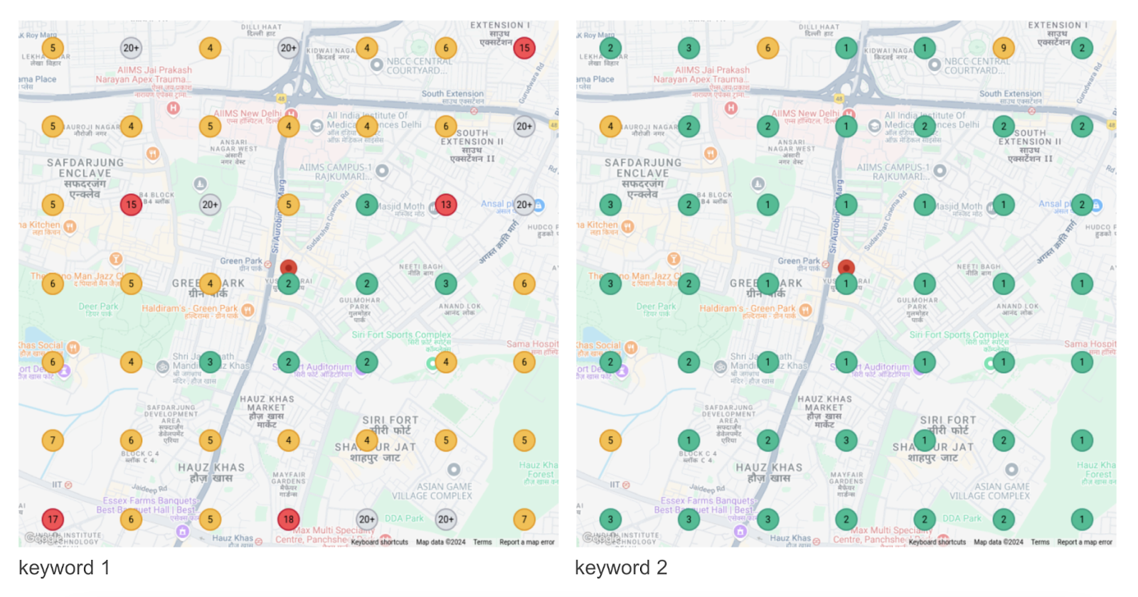 heatmaps show how a business profile appears in Google Maps for a keyword, compared to other businesses