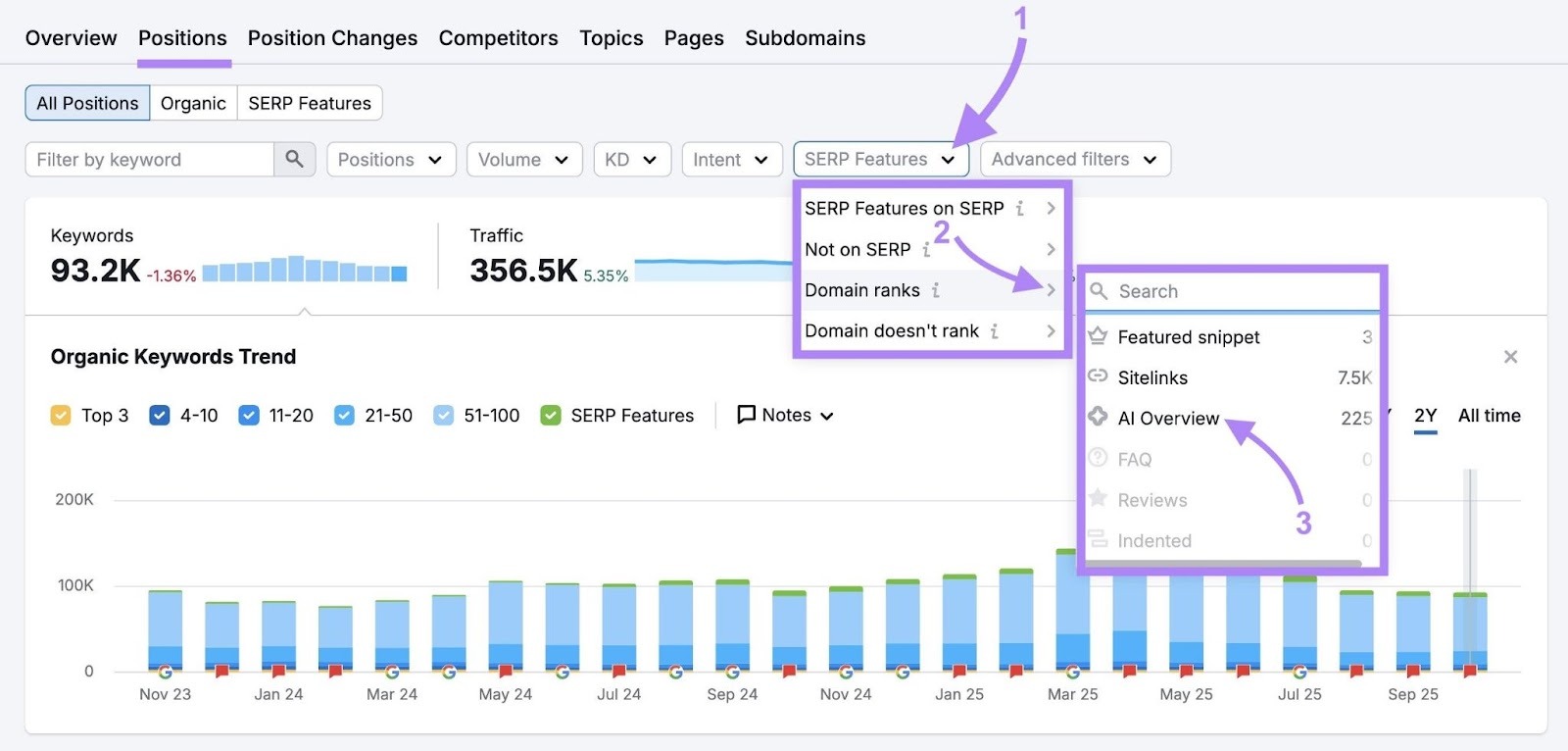 Applying the "SERP Features" filter on the Organic Research tool to show only keywords ranking in AI Overviews.