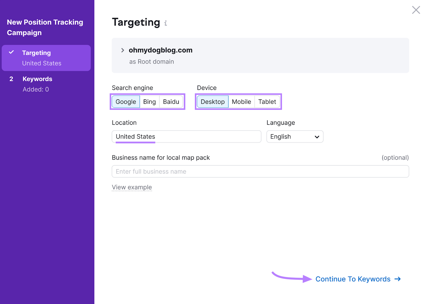 targeting configuration settings in Position Tracking tool