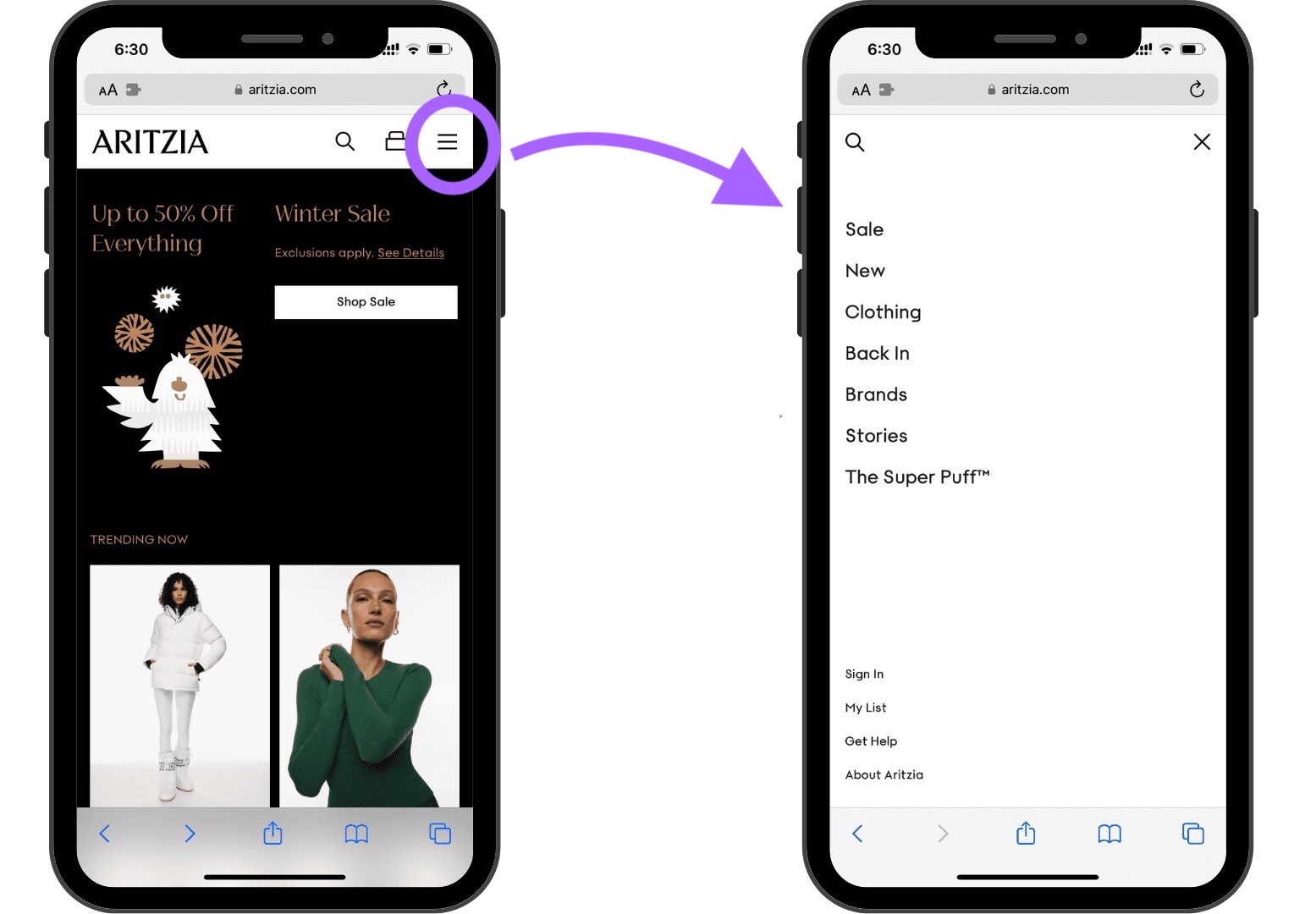 Best Practices for SEO Site Structures 36 hamburger navigation opened on a mobile site showing different links a user can click to