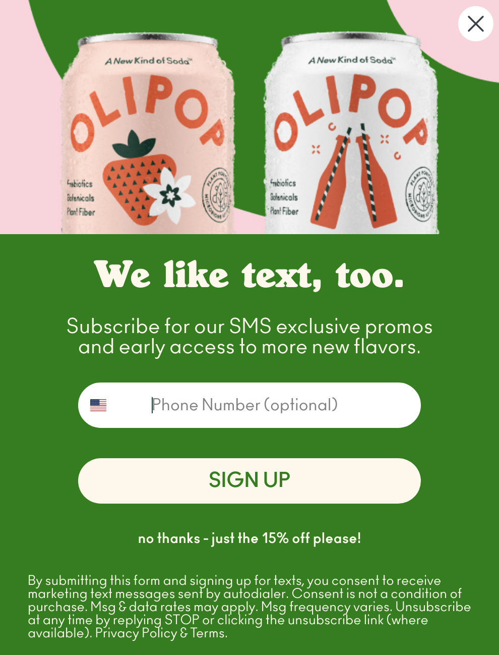 Promotional ad for Olipop soda subscriptions and promotions, with images of two soda cans and a signup form