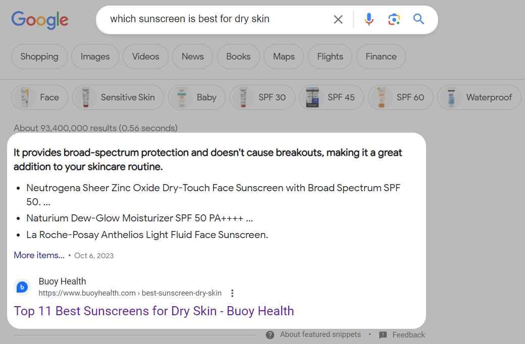 Top of SERP for “Which sunscreen is best for dry skin” query