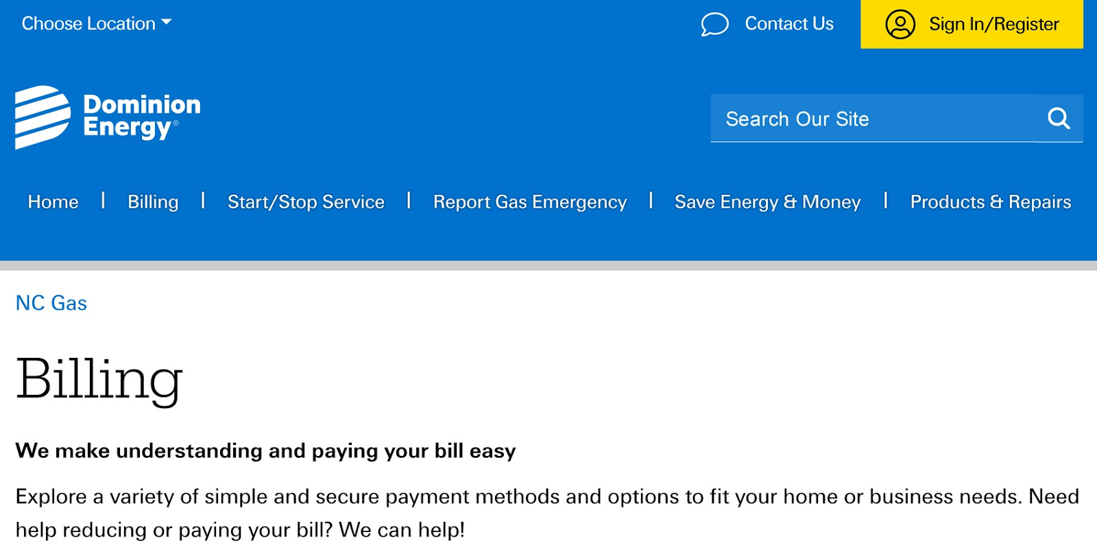 Dominion Energy "Billing" page