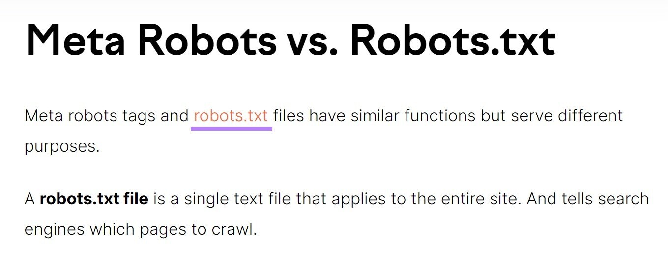 example of internal link with anchor text "robots.txt" from Semrush blog