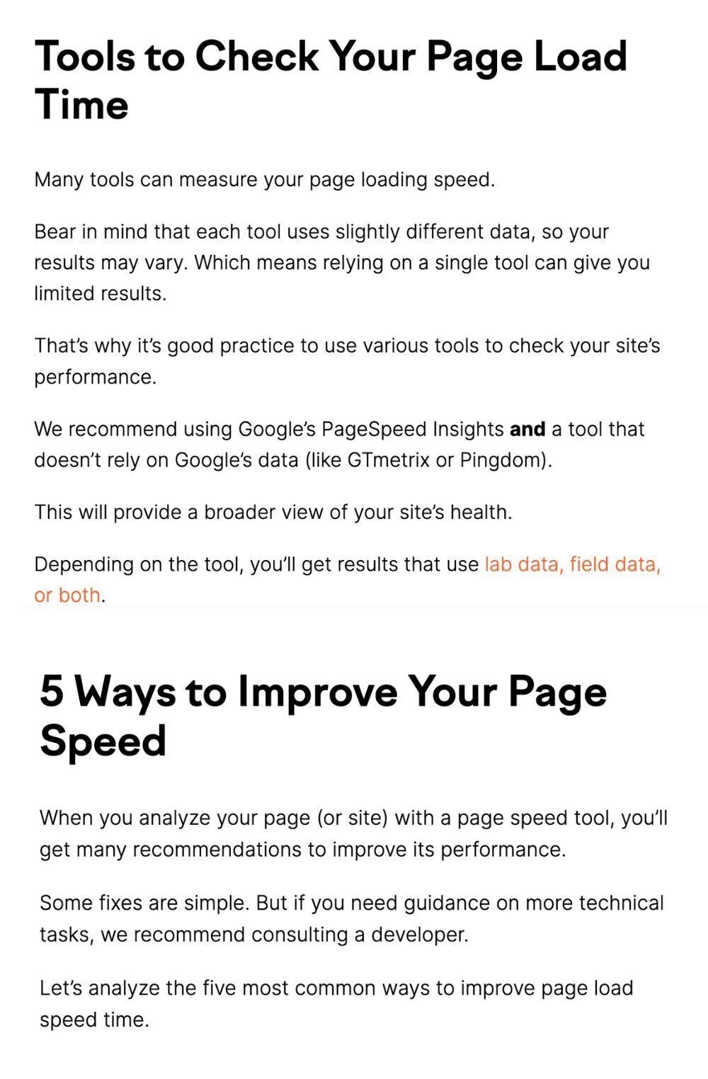 "Tools to Check Your Page Load Time" and "5 Ways to Improve Your Page Speed" headers