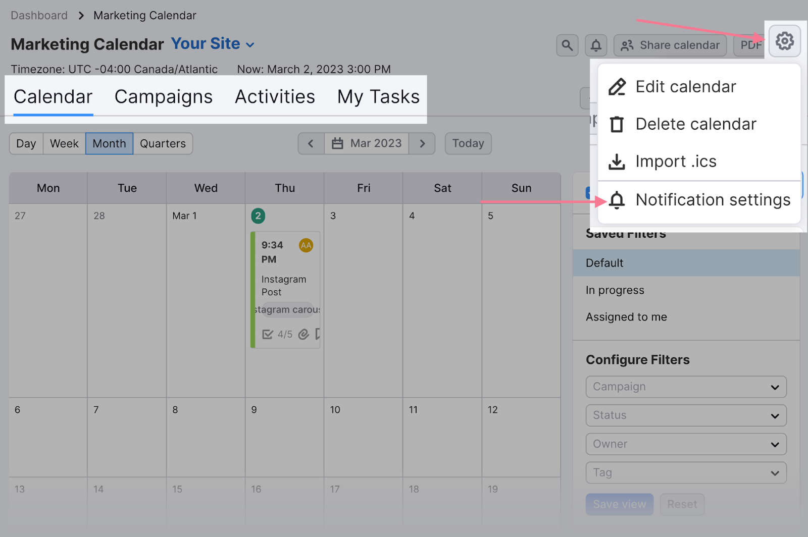 Marketing Calendar dashboard