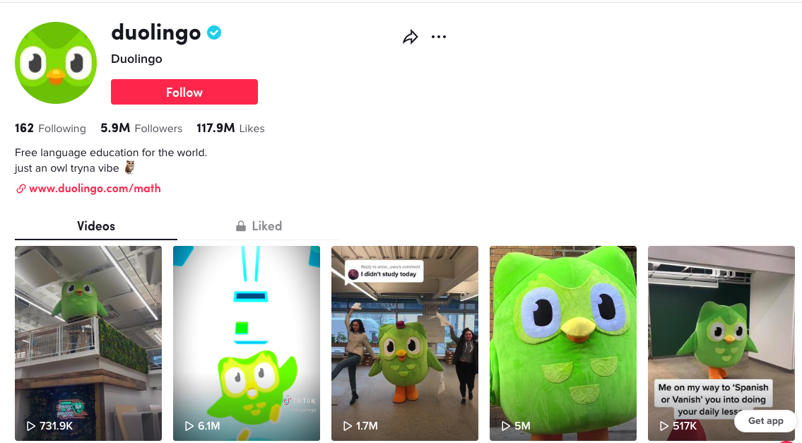 Duolingo’s Tiktok home homepage features a collection of highly viewed videos featuring their green owl mascot. 