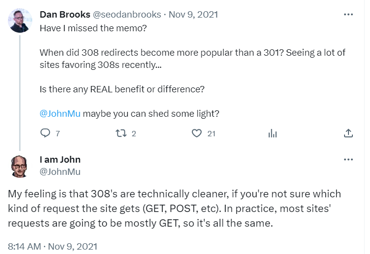 John Mueller's reply to why did 308 redirects become more popular