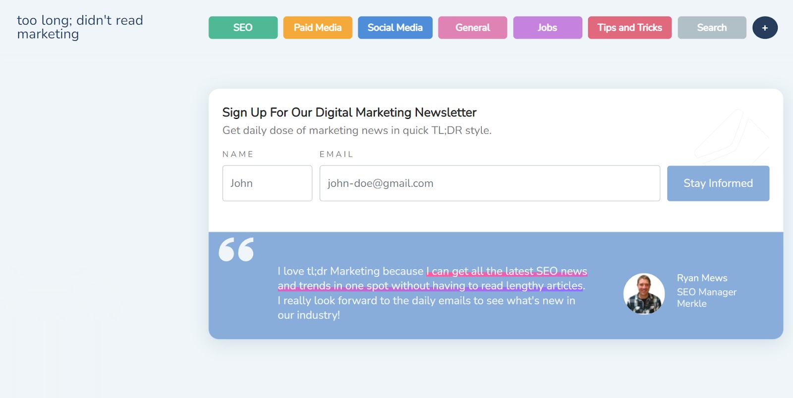 TL;DR Marketing sign up page