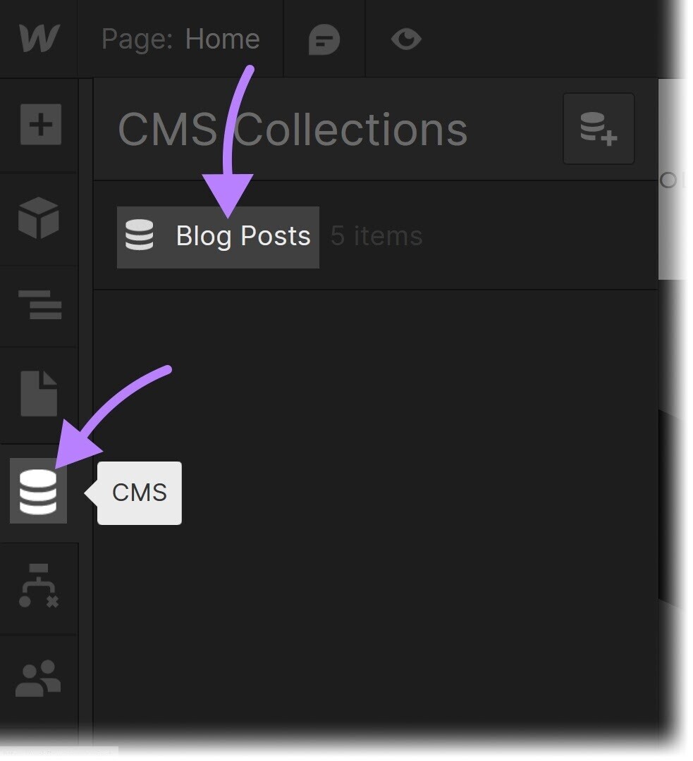 “CMS” icon and "Blog Posts" button highlighted in Webflow editor