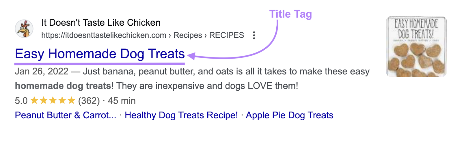 This title tag on the SERP and in the code says easy homemade dog treats