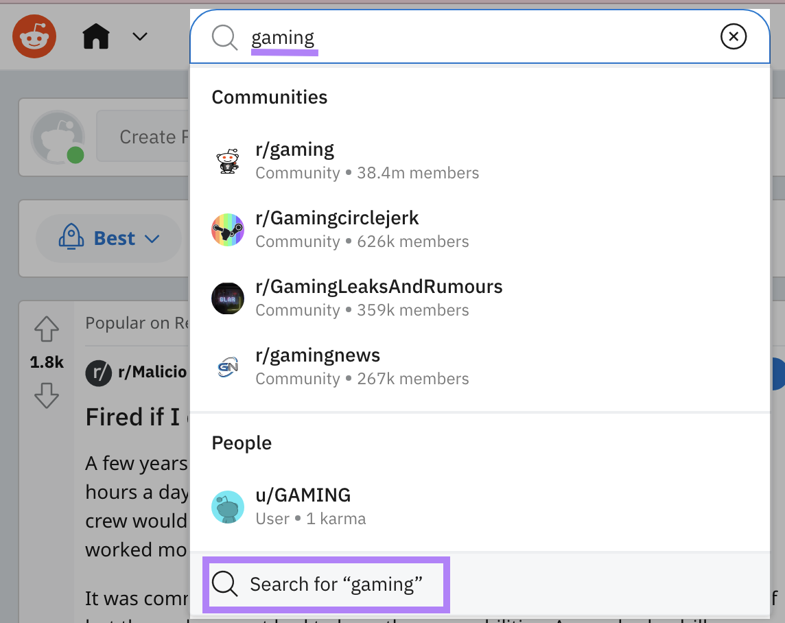 "Search for ‘gaming’" button highlighted in Reddit search