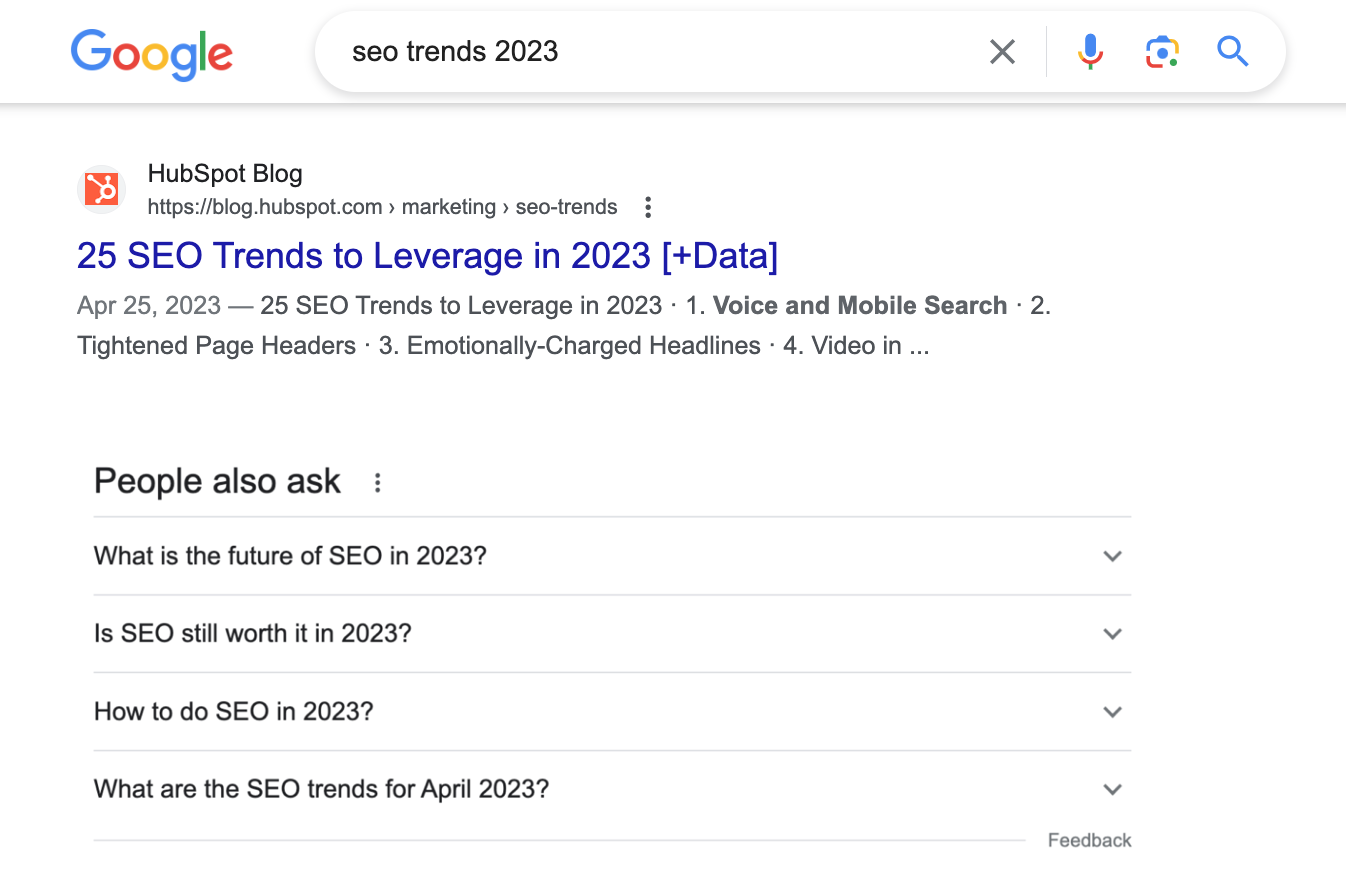 HubSpot ranks on the first spot on Google SERP for "seo trends 2023" search