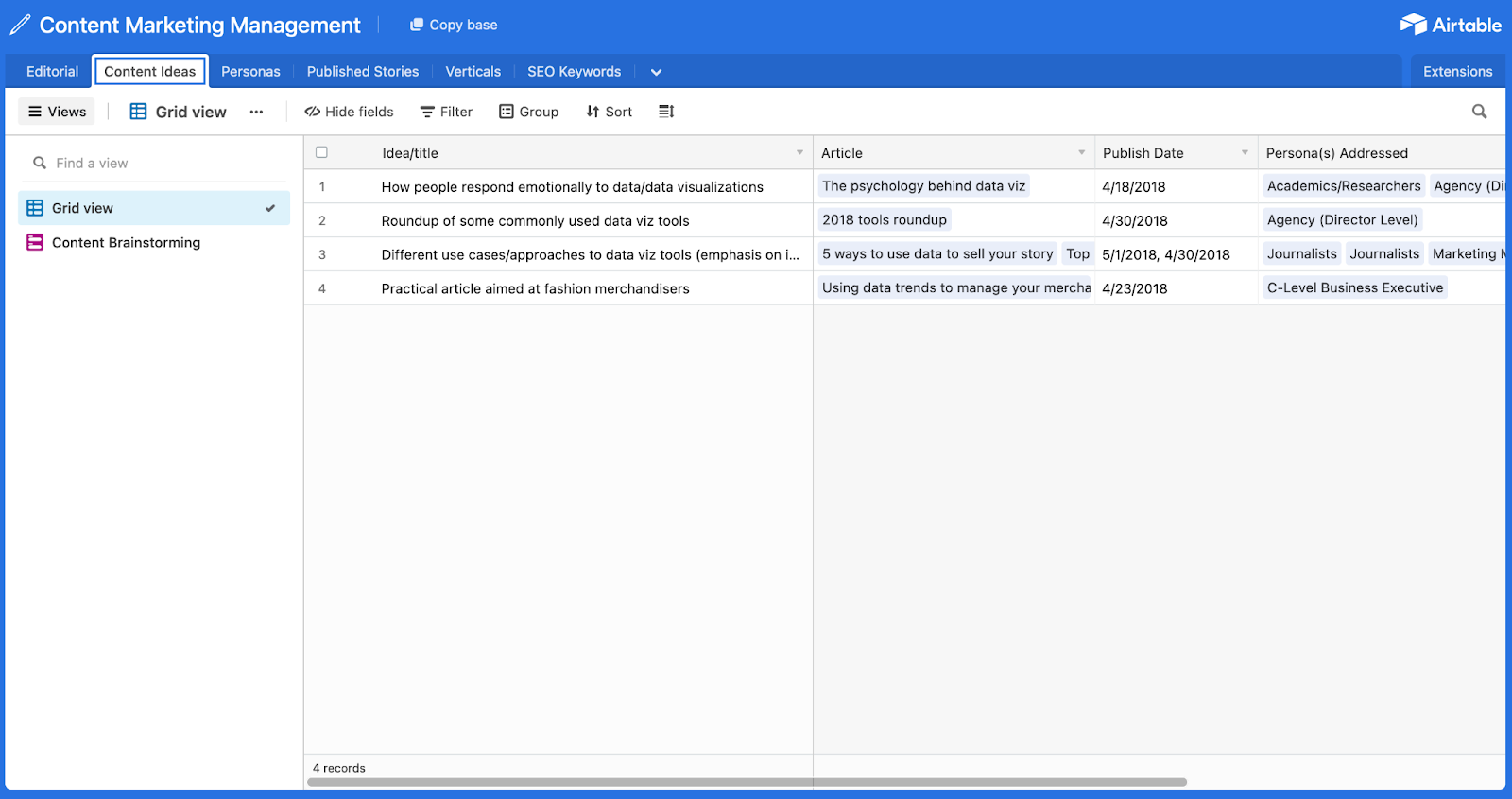 "Content Ideas" section in Airtable