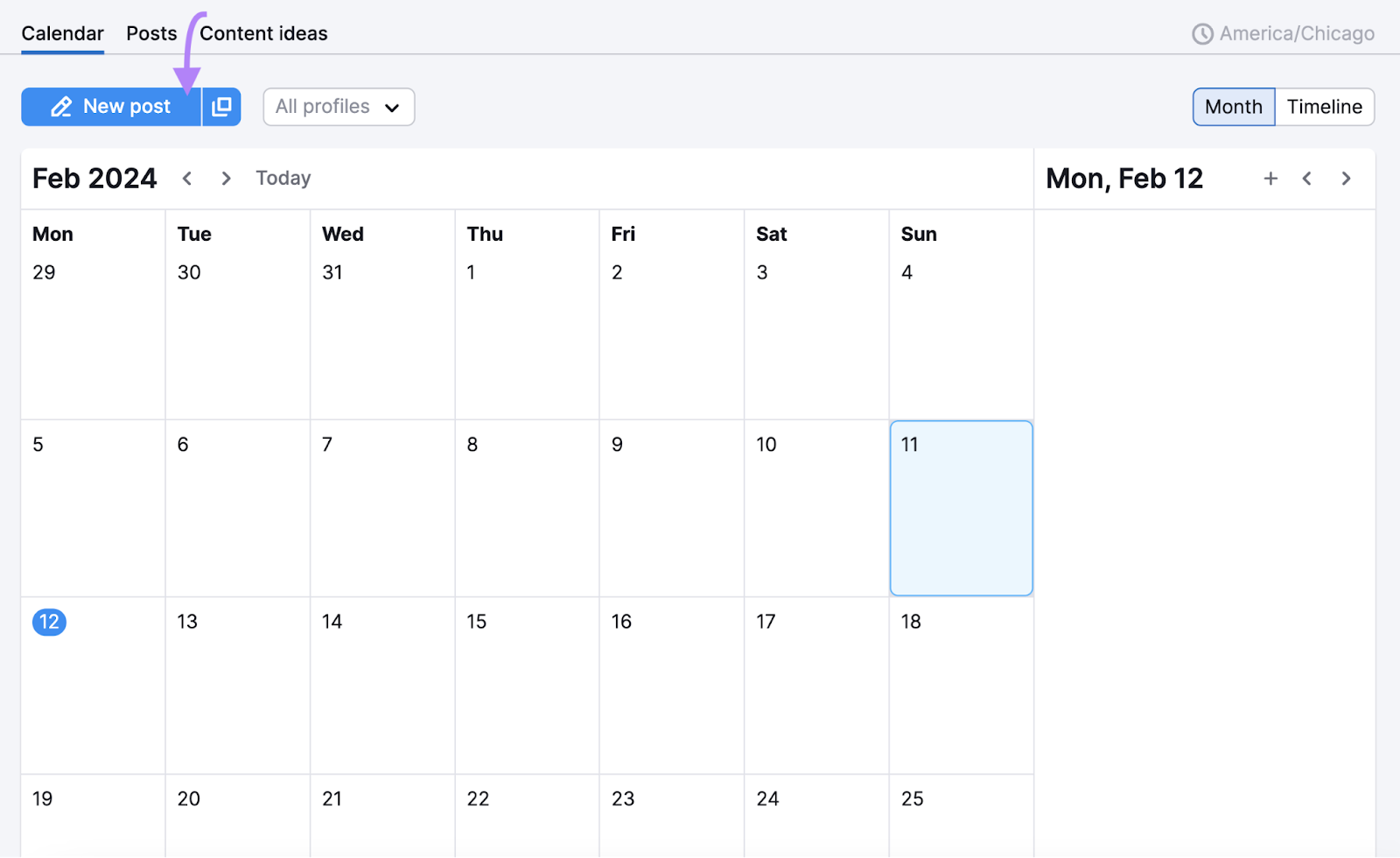 "New post" button highlighted at the top left of the calendar in Social Poster tool