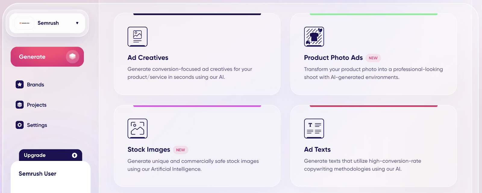 AI-generated ad creative options include ad creatives, product photo ads, stock images, ad texts, ad videos, and ad package