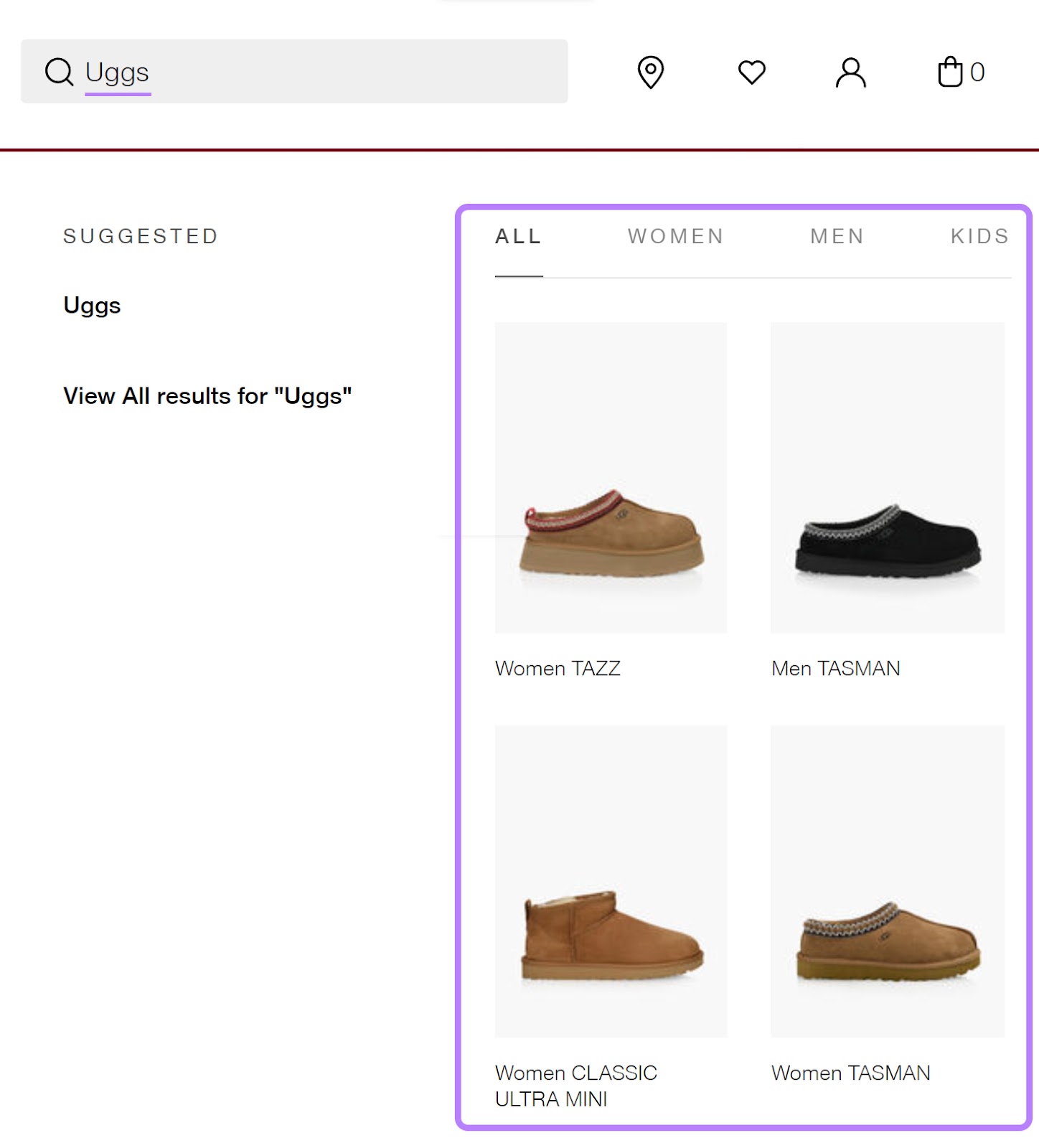 Browns’s search navigation suggestions when typing "Uggs" in the search bar