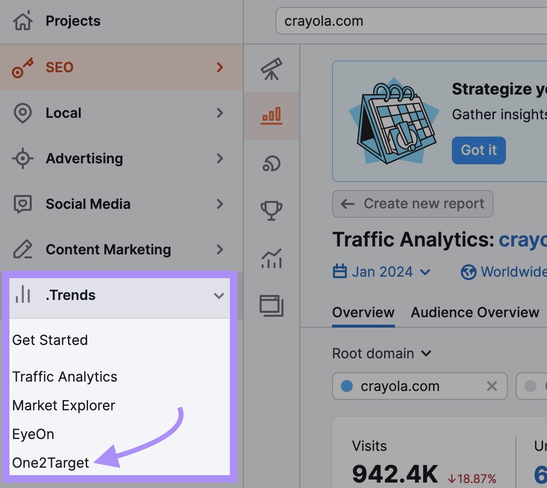 Navigating to One2Target tool from Semrush's dashboard