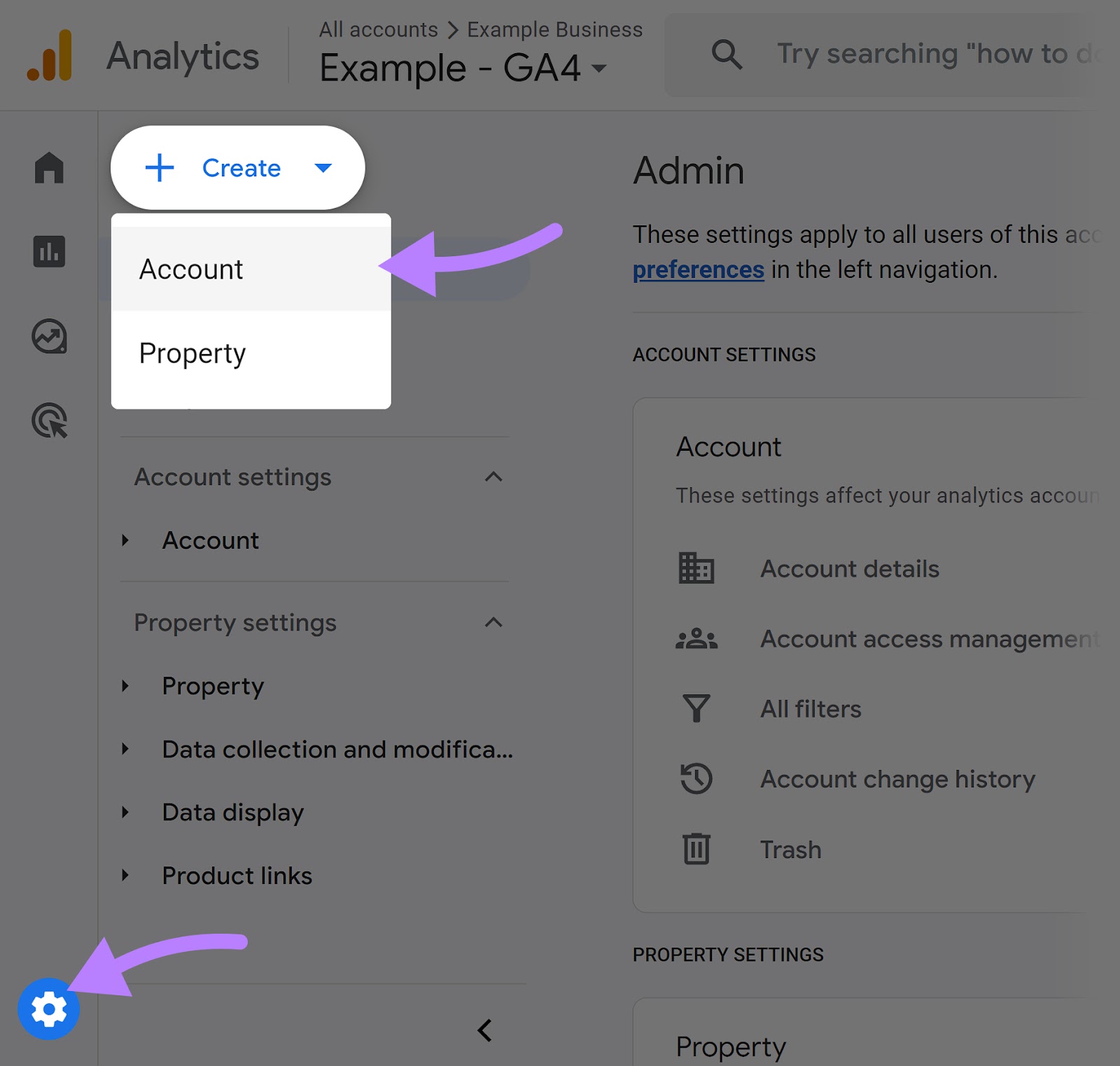 Create account buttons in Google Analytics 4
