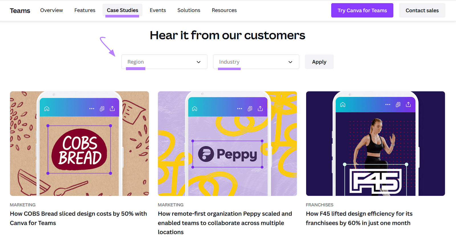 Canva's case studies page with filters by region and industry to target B2B customers