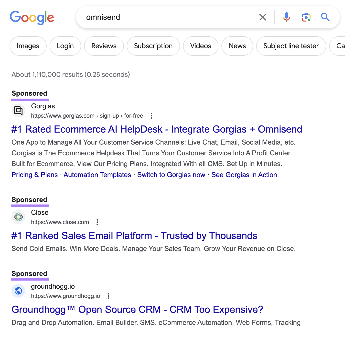 Sponsored results highlighted on Google SERP for "omnisend" search