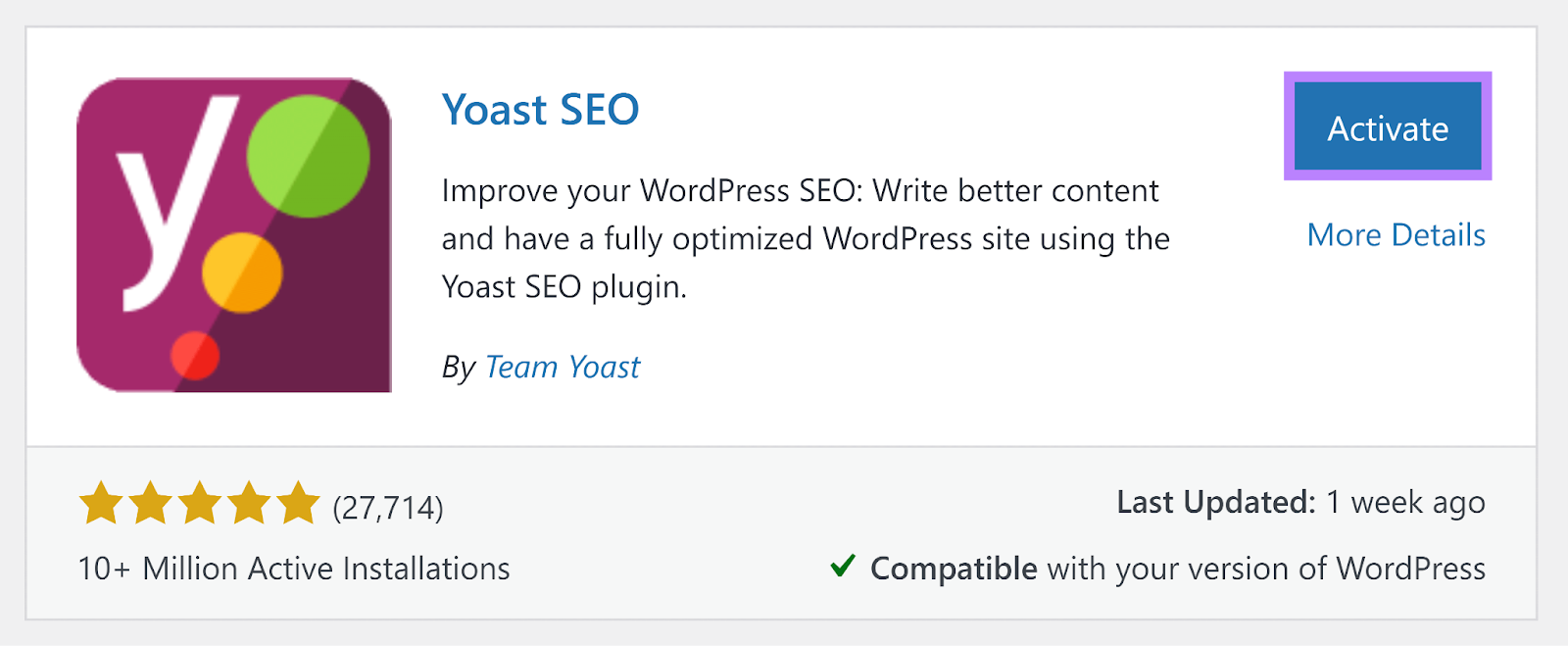 Yoast SEO plugin installed and Activate fastener  highlighted