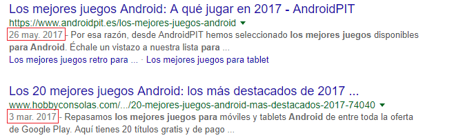 Pérdida de posicionamiento en Google - Ejemplo de resultados con fecha reciente en Google.