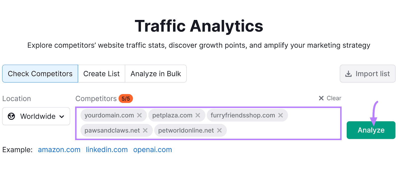 Traffic Analytics interface with competitor domain entries and an "Analyze" button with a purple arrow pointing to it.