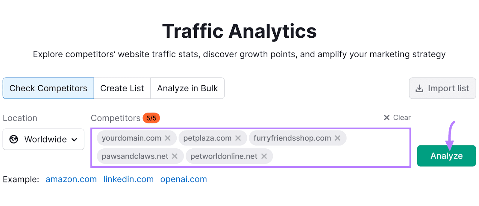 Traffic Analytics interface with compe،or domain entries and an "Analyze" ،on with a purple arrow pointing to it.