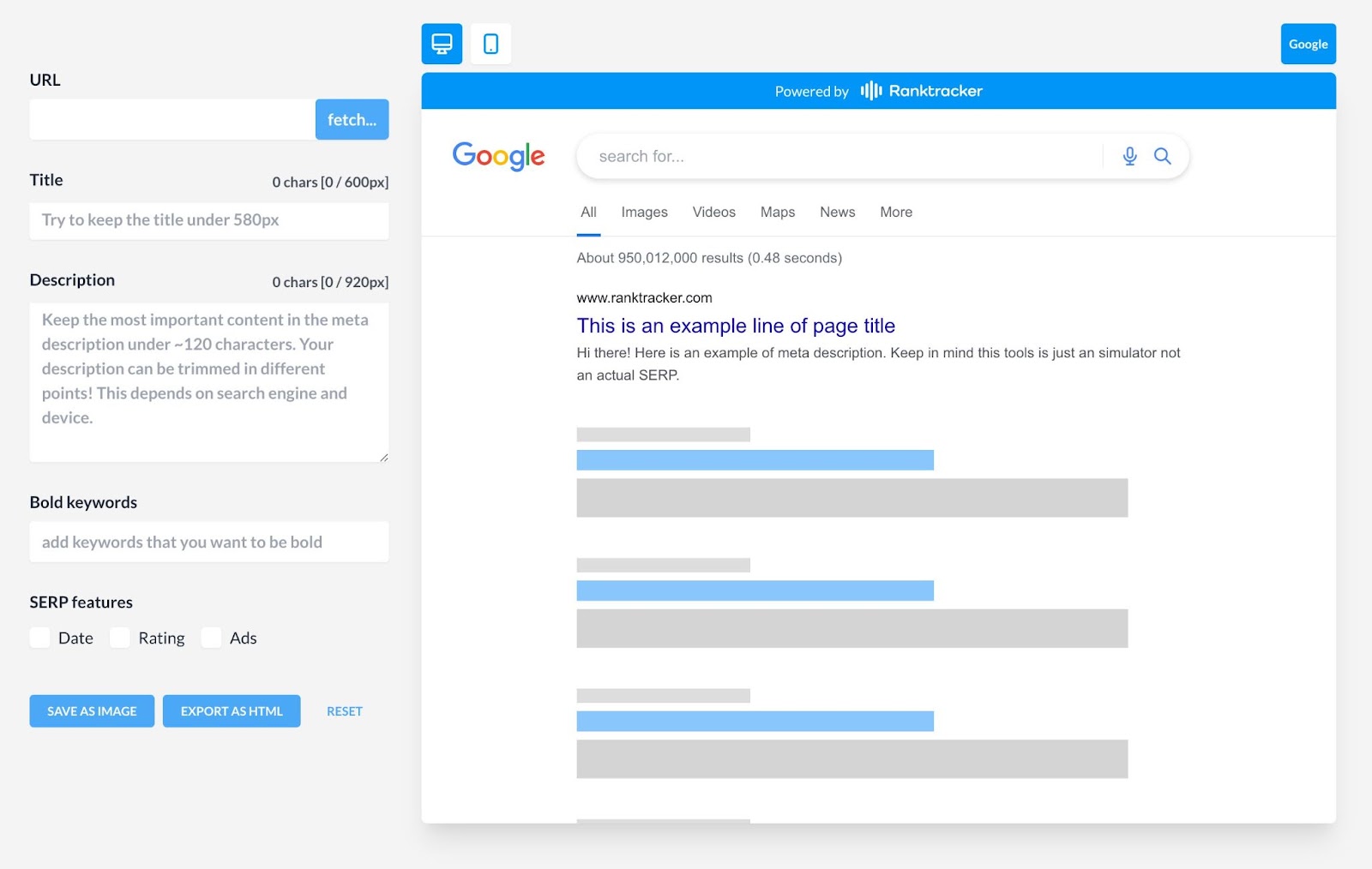 Ranktracker’s SERP Simulator representation  export