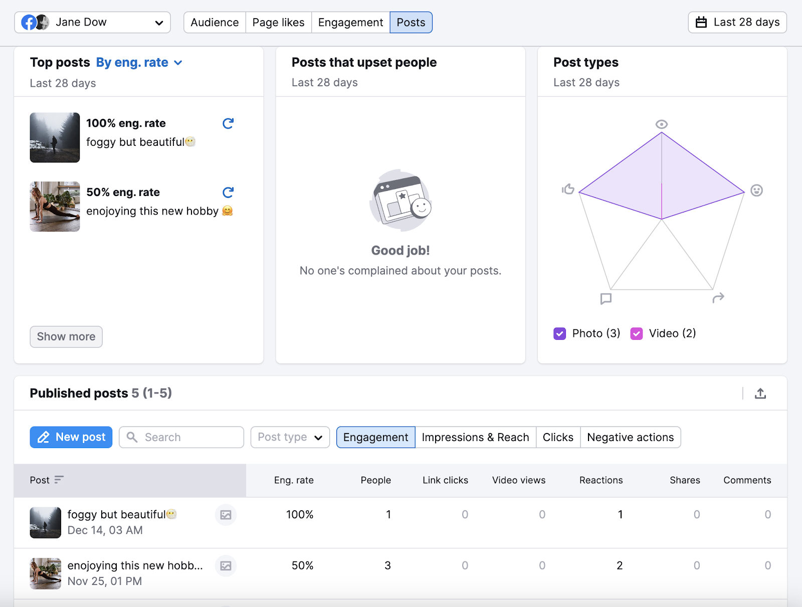 Semrush Social posts dashboard