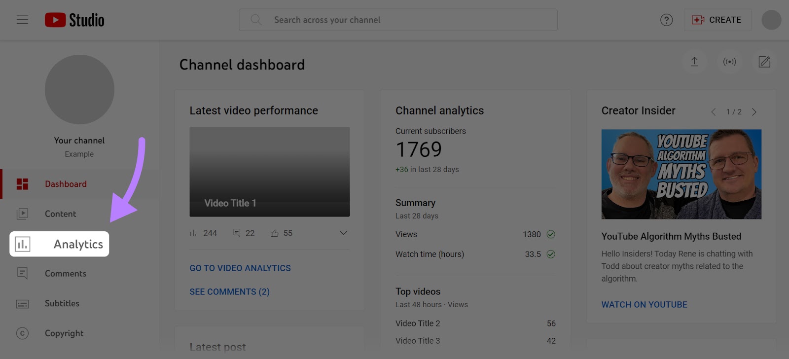 "Analytics" highlighted successful  the YouTube Studio menu