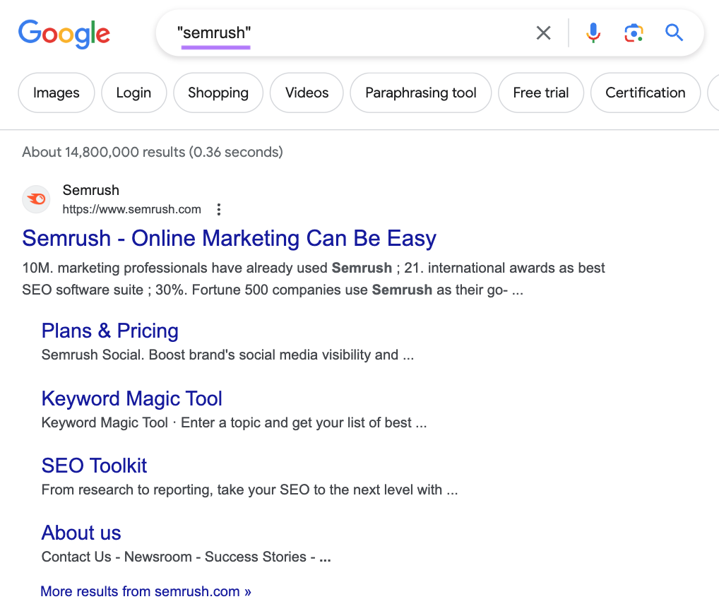 Semrush's website results on Google SERP for “semrush” search query