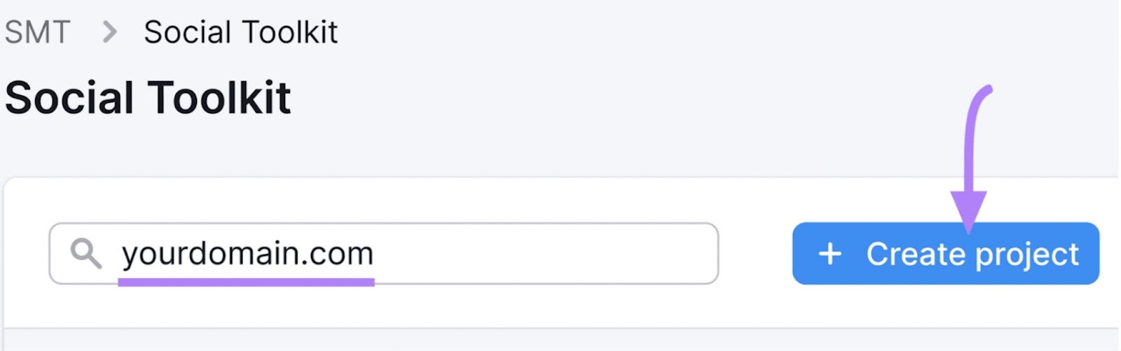 Creating a new project for yourdomain.com in the Semrush Social Toolkit app