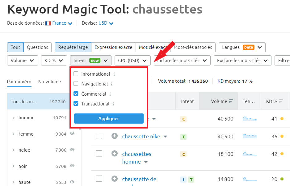 Semrush Keyword Magic Tool intentions sélection