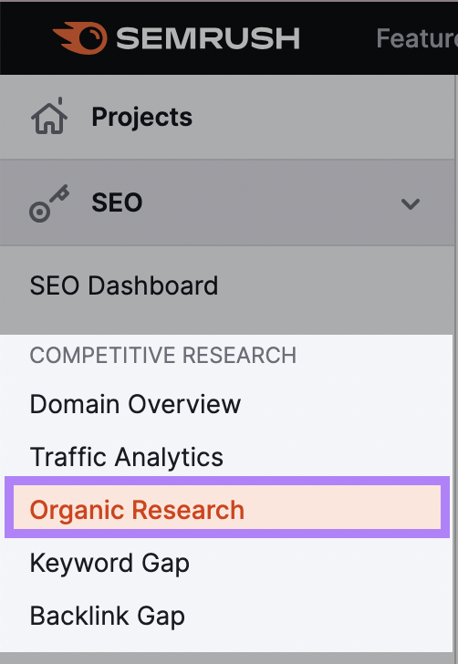 “Organic Research” widget highlighted