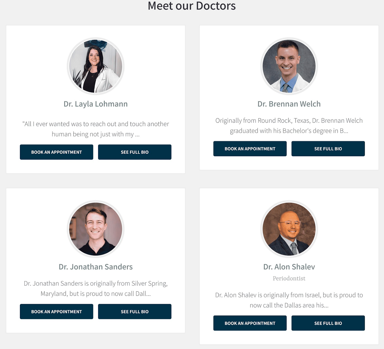 "Meet our Doctors" section of Dallas Dental homepage