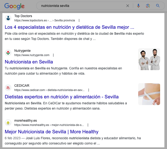 Ejemplo de resultados orgánicos para la consulta "nutricionista Sevilla"